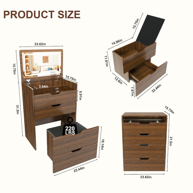 3-in-1 Vanity Desk with Flip Top LED Lighted Mirror, Compact Dressing Table and Makeup Stool Set