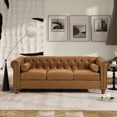 74.5'' Fabric 3-Seater Sofa with Tufted Back, Dual Headrests, and Solid Wooden Frame