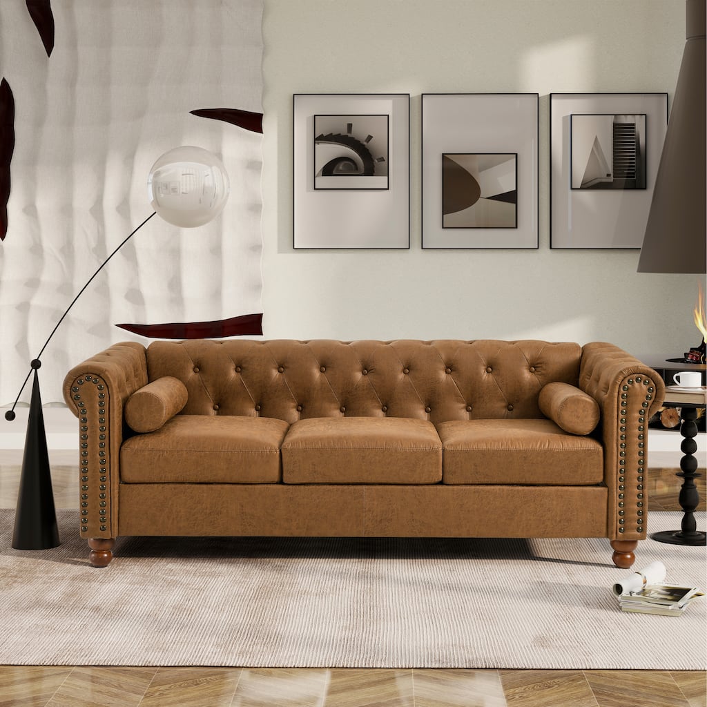 Brown 74.5'' Fabric Upholstered 3-Seater Chesterfield Sofa with Tufted Design, Headrest, and High-Resilience Sponge
