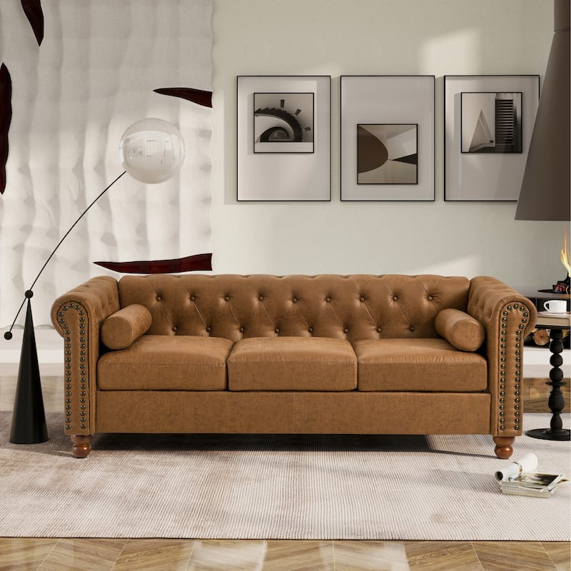 Chesterfield 74.5" Button Tufted Upholstered 3-seater Sofa with Nailheads and Pillows for Living Room - Brown