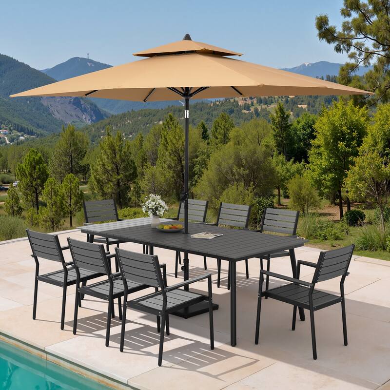 11PC Outdoor Patio Dining Set WoodLike Aluminum Umbrella Hole Table with Stackable Armchairs,Double Top Market Umbrella and Base - GreyTable&GreyChairs&TanUmbrella