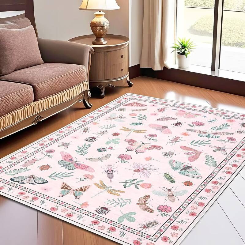 Floral Insect Print Washable Area Rugs for Living Room, Modern Non Slip Low Pile Area Rug - 5'x7' - Pink