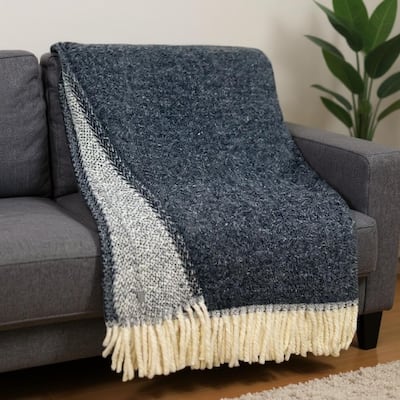 HomeRoots 55" X 70" Dark Gray And White Cotton Blend Woven Chevron Plush Throw Blanket with Fringe