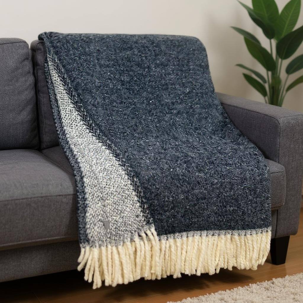 HomeRoots 55" X 70" Dark Gray And White Cotton Blend Woven Chevron Plush Throw Blanket with Fringe