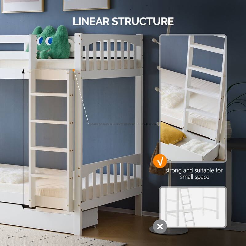 Solid Wood Twin-over-Twin Convertible Bunk Bed with 2 Drawer, White