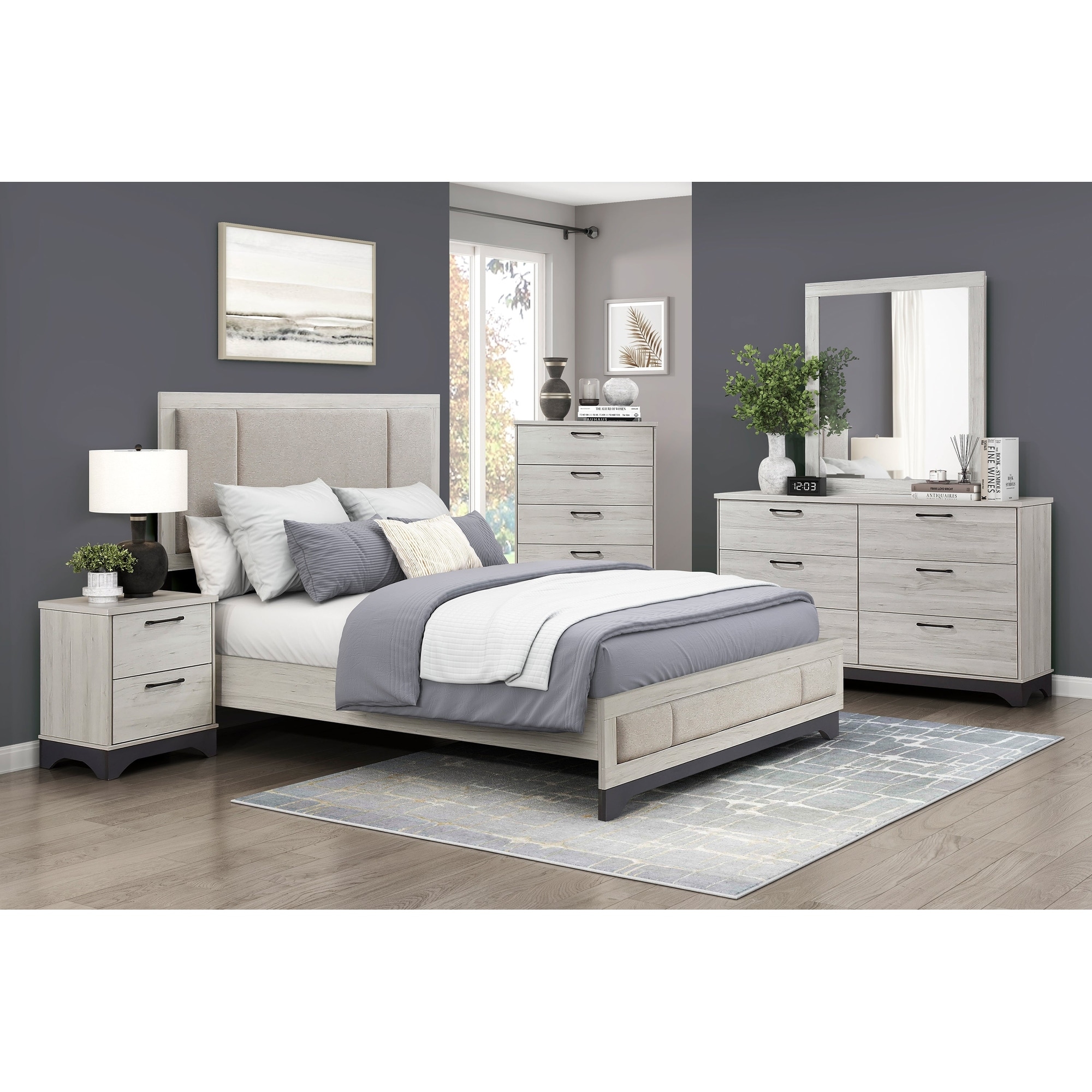 White Oak and Gray Finish Bedroom Furniture Sets Modern Upholstered Bed Nightstand Dresser Mirror Chest
