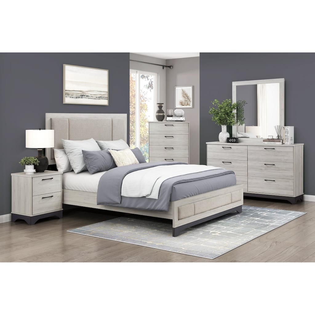 White Oak and Gray Finish Bedroom Furniture Sets Modern Upholstered Bed Nightstand Dresser Mirror Chest