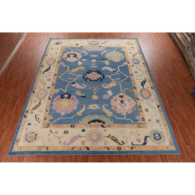 Hand Knotted Oriental 100% Wool Carpet Transitional All-Over Navy Blue & Blues Oushak Area Rug - 15' 7'' X 12' 3''