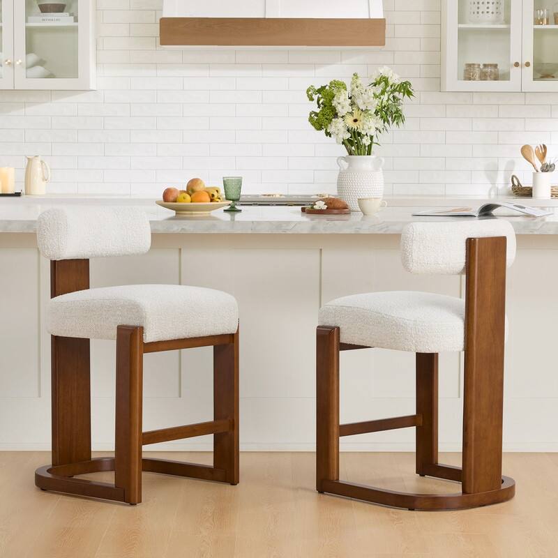 Spruce & Spring Arya Upholstered Boucle Counter Stool with Solid Wood Frame - Set of 2 - Pearl-Walnut