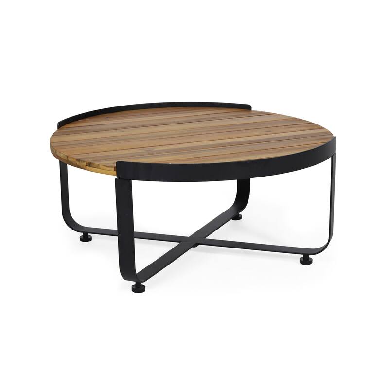 Roomfitters Modern Round Coffee Table with Teak-Style Wood Surface and Sleek Metal Base, Teak