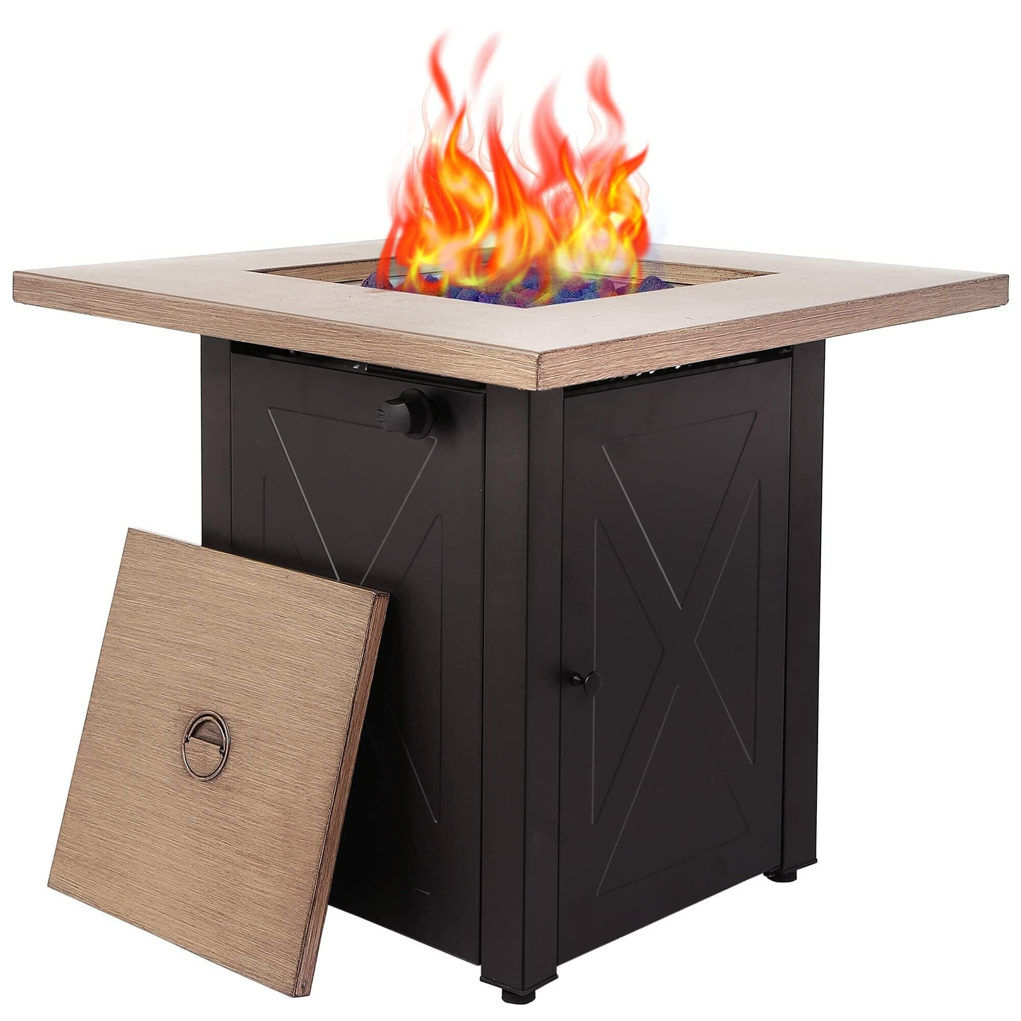 28 Inch Square Outdoor Gas Fire Pit Table with Bionic Wood Grain Lid u0026 Lava  Stone, Stainless Steel Burner for Courtyard - Bed Bath u0026 Beyond - 37911053