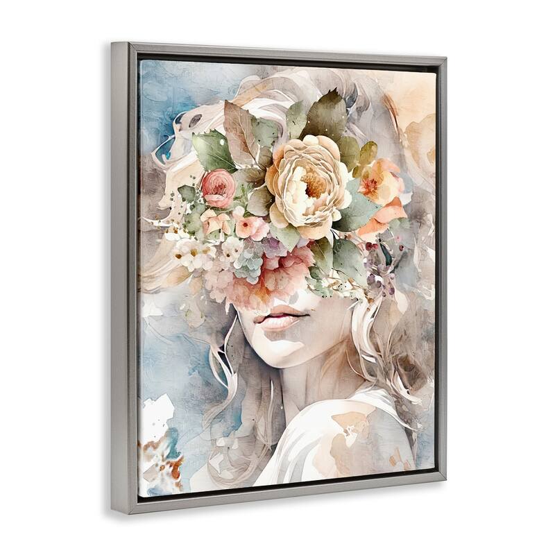 Stupell Floral Portrait of Girl Framed Floater Canvas Wall Art Design by Kim Allen