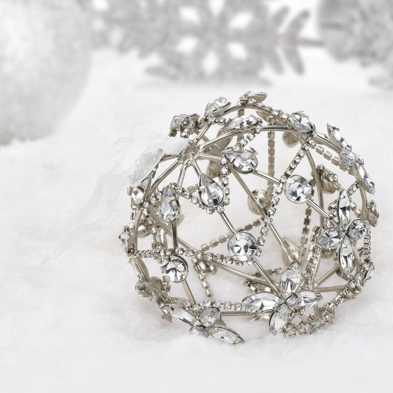 Sevita Silver Crystal Floral Handcrafted Chain Wrapped Globe Ornament, Set of 4 - 8" x 4.5" x 4.5"