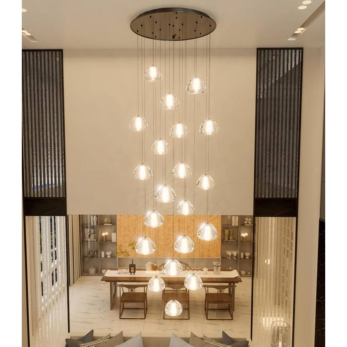 KAYLA 30-Lights Gold Modern Crystal Chandelier for Staircases, 157" Extra-Long Adjustable LED Ceiling Light