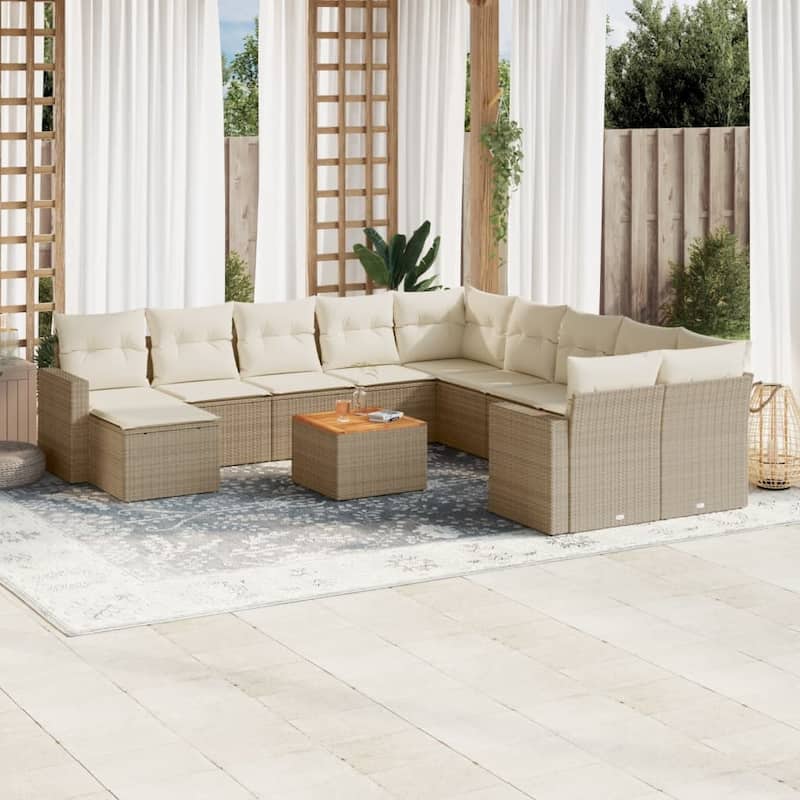 vidaXL Patio Sofa Set with Cushions Outdoor Furniture 12 Piece Poly Rattan - 21.7 x 21.7 x 14.6 - Beige and cream