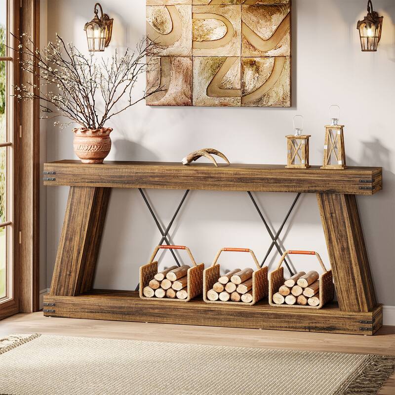 70.9” Farmhouse Console Table, Brown Entryway Table with Storage - Large