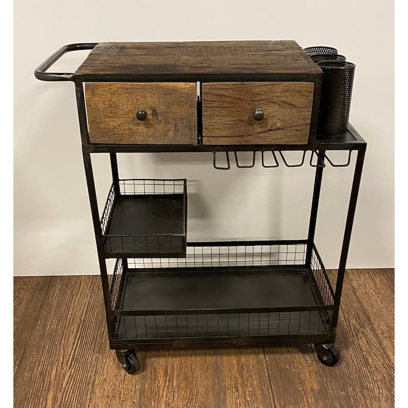 Rolling Rustic Black and Natural Bar Cart - 19" W x 33" D x 37" H - Black - Wood