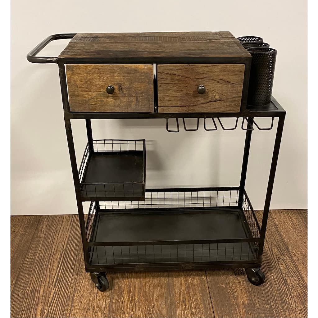 Rolling Rustic Black and Natural Bar Cart - 19" W x 33" D x 37" H