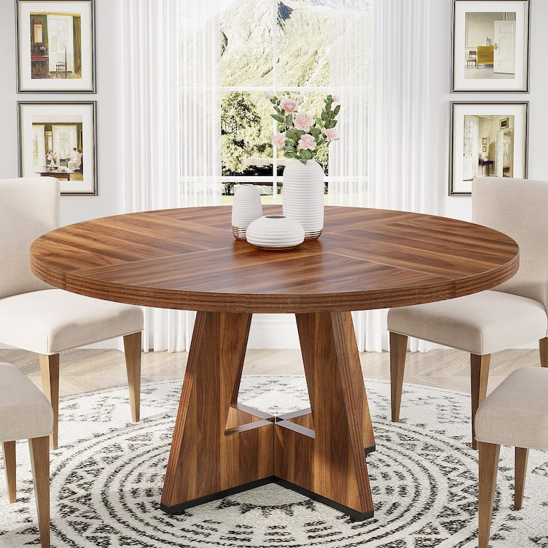 47 Inch Round Dining Table for 4, Wood Farmhouse Dinner Dinning Table for Kitchen Dining Living Room - Brown