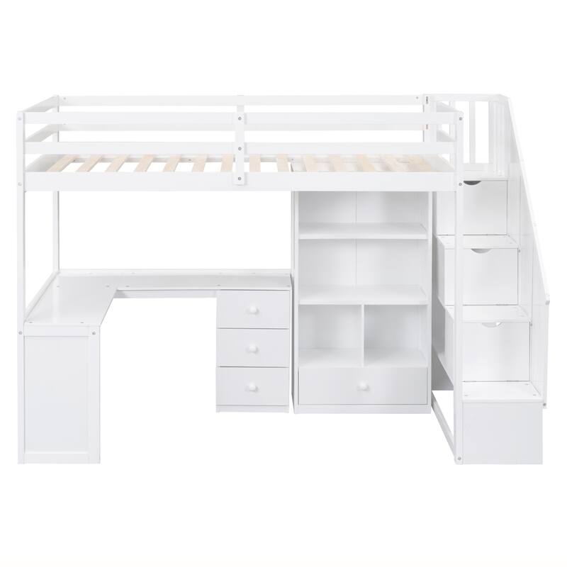Twin/Full Loft Bed with L-Shaped Desk and Storage Staircase, Multi-Functional Solid Wood Loft Bed Frame with Drawers & Bookcase
