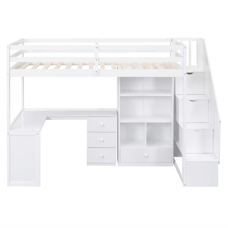 Twin Size Loft Bed with L-Shaped Desk, 3 Drawers, Cabinet & Storage Staircase, Full-Length Guardrail for Top Bunk