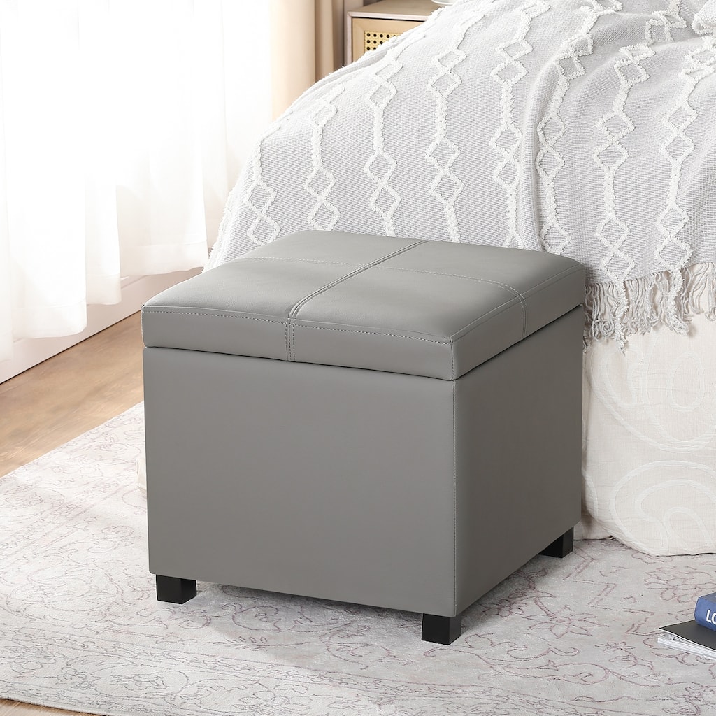 Adeco 17.5" Faux Leather Storage Ottoman with Wooden Legs