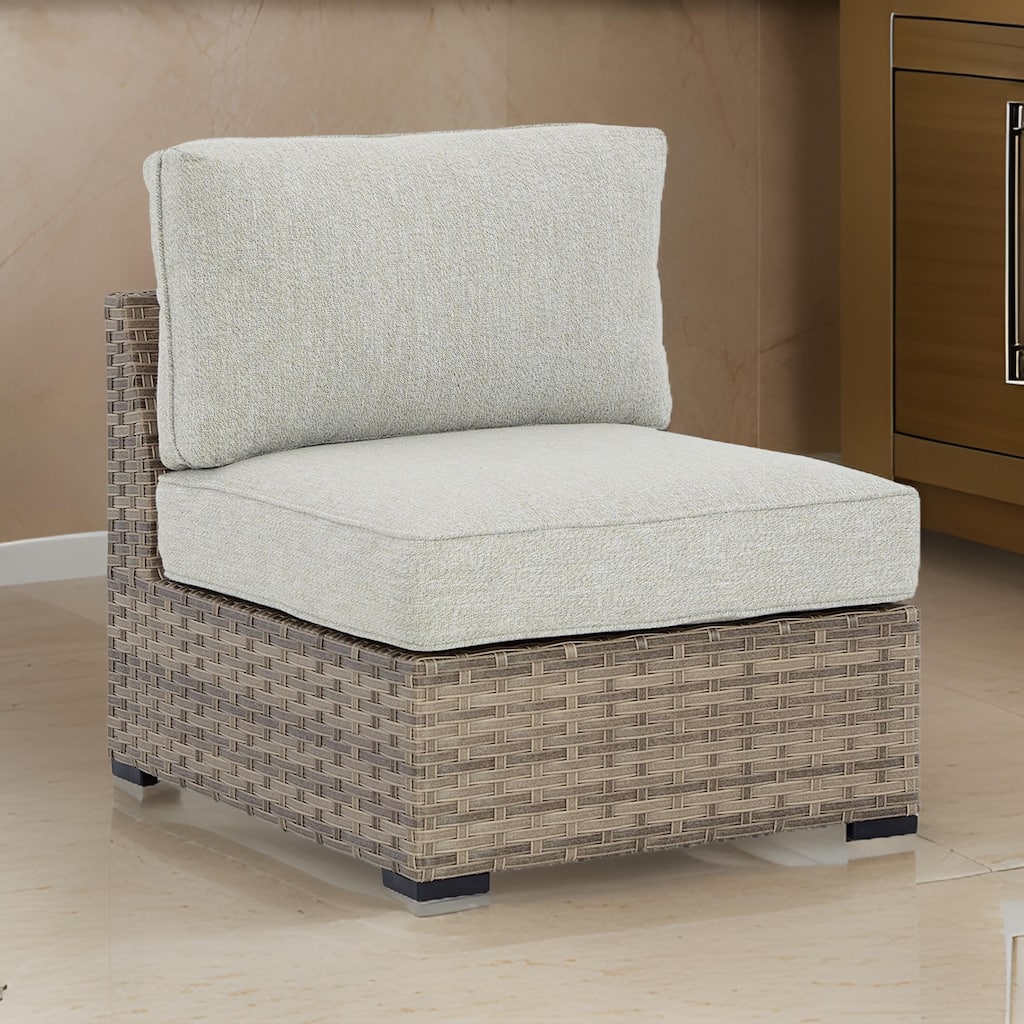 Walter 34 Inch Outdoor Armless Chair Set of 2, Wicker, Beige Fabric Cushion