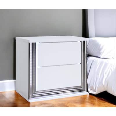 25" White Two Drawer Wood Lighted Nightstand