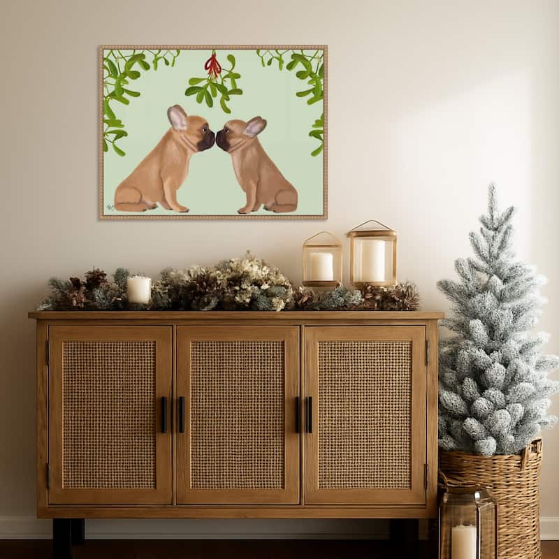 French Bulldogs and Mistletoe by Fab Funky (30 x 23 in.), Framed Canvas Wall Art Print - Sylvie Beaded Rustic Natural
