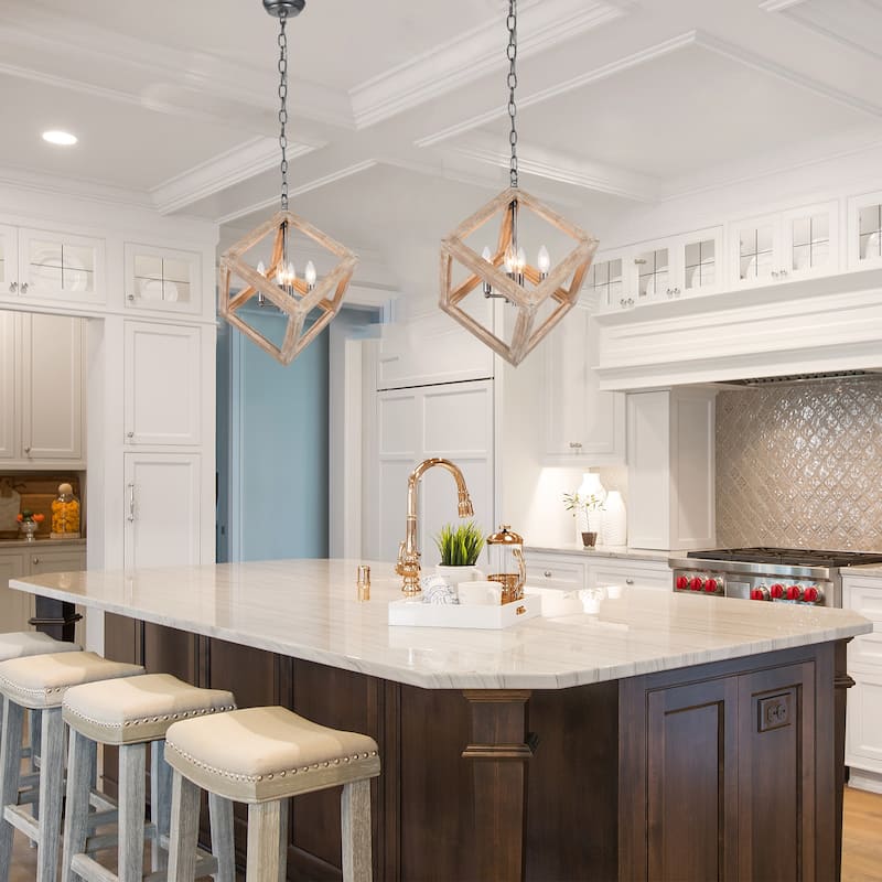 Loby Farmhouse Solid Wood Chandelier 4-light Rustic Geomerical Island Pendant Lights - D15.5 "x H 18"
