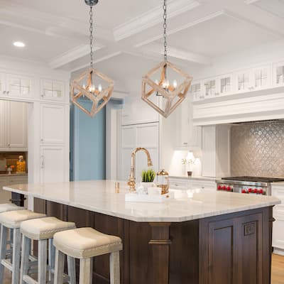 Modern Vintage Farmhouse Wood Chandelier Lantern Brown 4-Light Kitchen Island Pendant Lights - L15.4" xW15.4 "xH20.5"