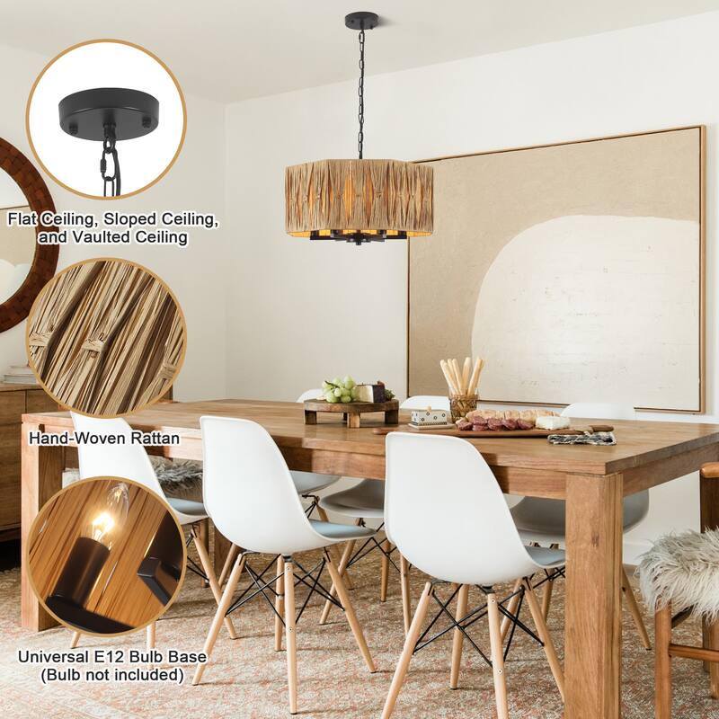 18.89-inch Hawaiian-style 6-light metal chandelier with imitation raffia lampshades and adjustable height