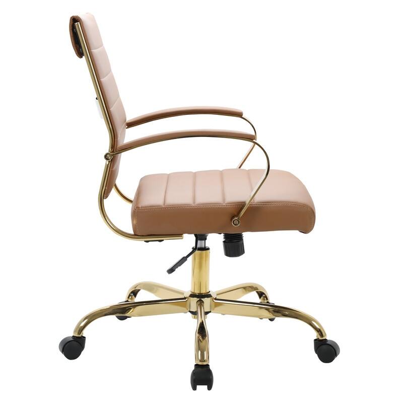 Benmar Mid-Back Leather Office Desk Chair in Gold Stainless Steel Frame Adjustable Height Tilt Lock 360 Swivel Ergonomic Chair