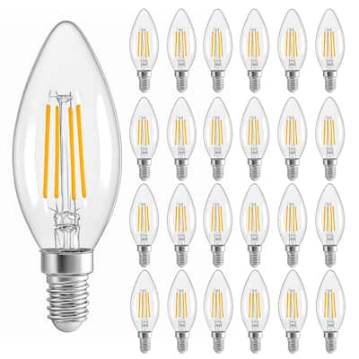 24-Pack E12 LED Candelabra Bulbs, 4W 2700K Warm White, Clear Glass Filament, 40W Equivalent, Decorative Flame Tip Light Bulbs