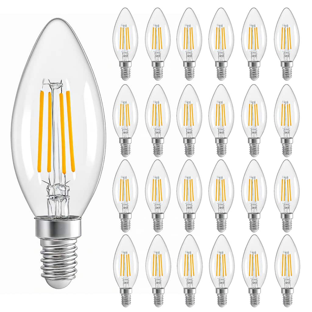24-Pack E12 LED Candelabra Bulbs, 4W 2700K Warm White, Clear Glass Filament, 40W Equivalent, Decorative Flame Tip Light Bulbs