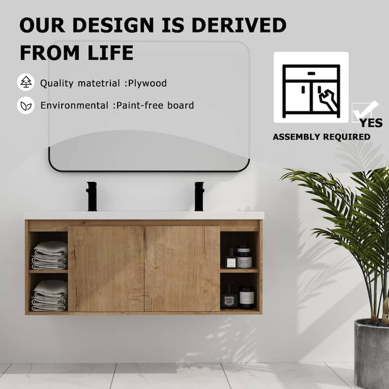 GDFStudio - Landon Modern 48 Inch Wall-Mounted Bathroom Vanity with Double Resin Sink and Soft-Close Doors - 48 inch