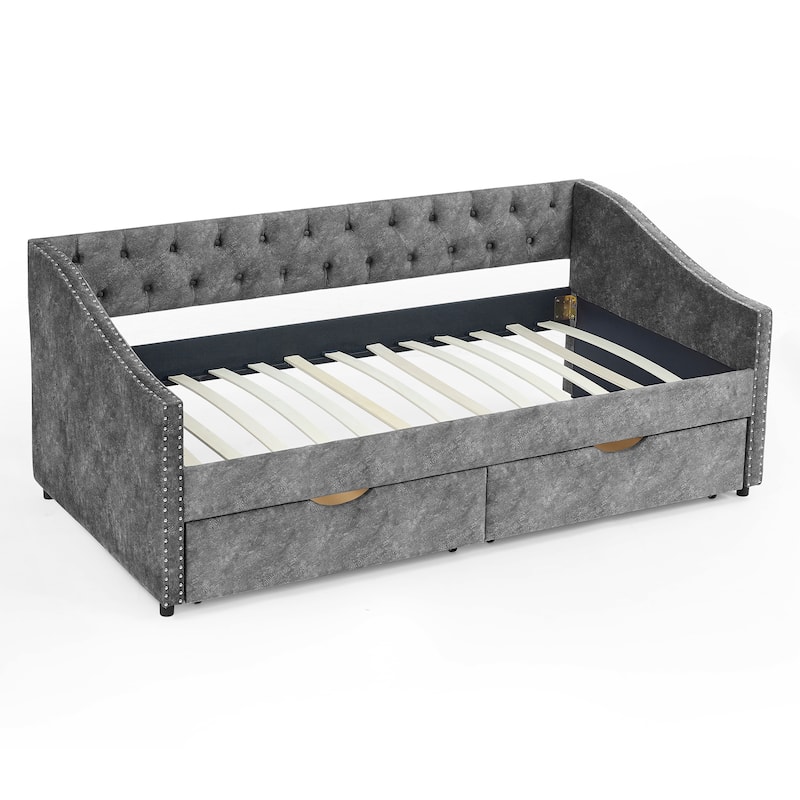 Mid-Century Linen Upholstered Daybed Platform Bed Frame with Storage Drawers, Button Tufted Back and Nailhead Trim Arms
