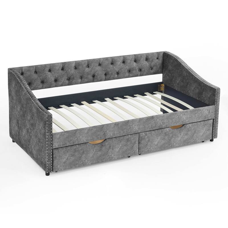 Roomfitters Twin/Full/Queen Upholstered Daybed with Tufted Backrest, Nailhead Trim and Underbed Storage Trundle, Grey