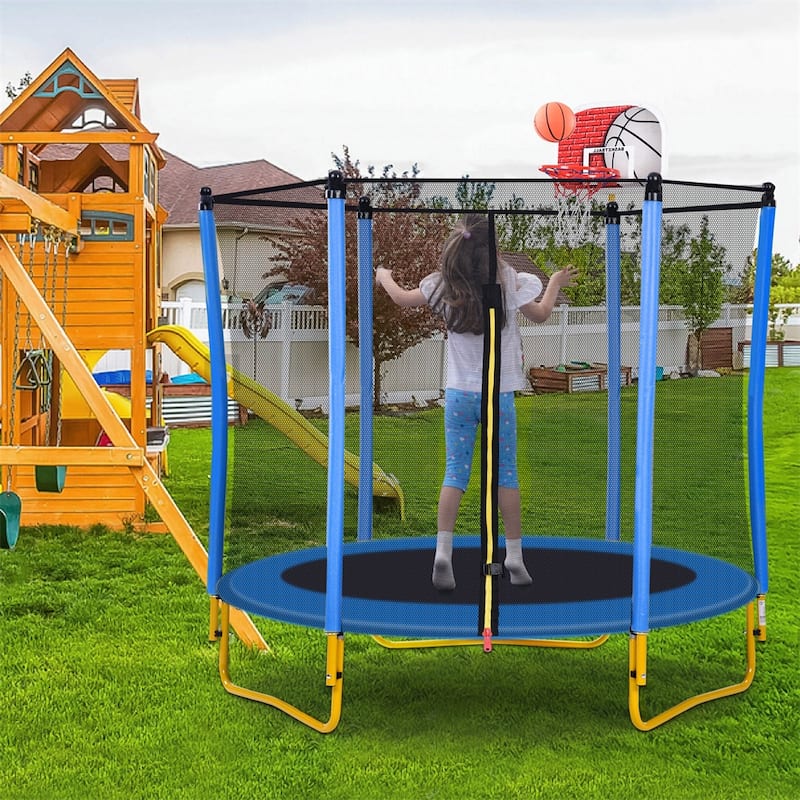 Outdoor & Indoor Toddler Trampoline w/Enclosure,Basketball Hoop&Ball