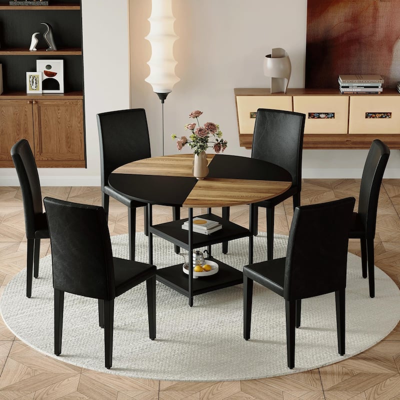 Round Dining Table with Double-Laye Storage, Wood and Black Fan Panels, Rust Proof Metal Legs, Non-Slip Mats