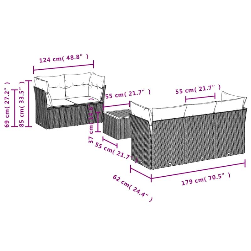 vidaXL Patio Sofa Set with Cushions Outdoor Furniture 6 Piece Poly Rattan - 21.7 x 21.7 x 14.6