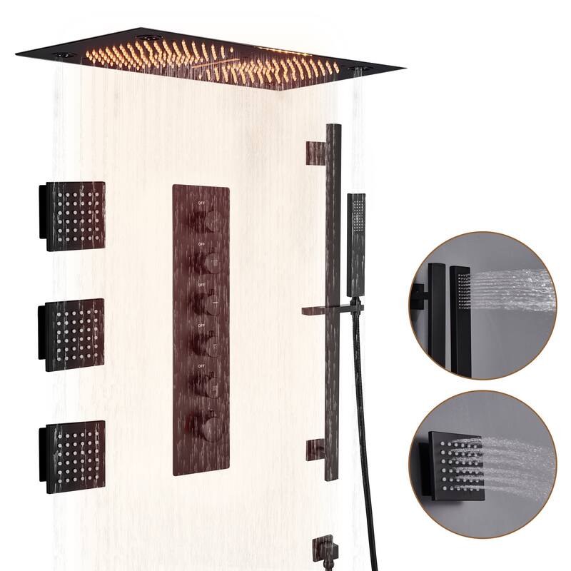 Luxury 5-Spray Patterns 28 in. Ceiling Mount Shower System with Handheld Shower Head, 3 Body Jets, LED, and Music - 16" x 28" - Matte Black