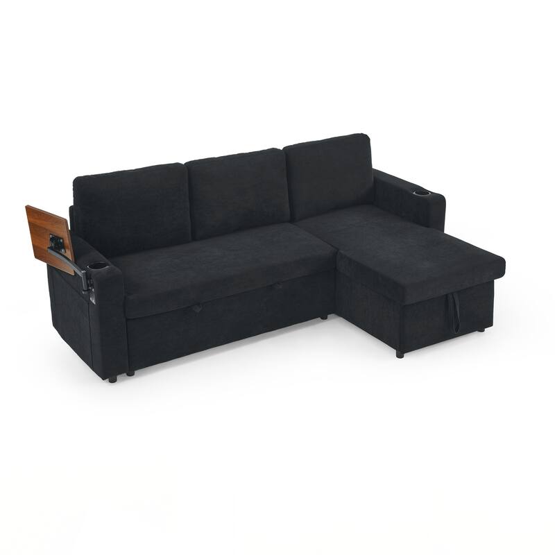 Modern Chenille Multi-functional Pull-Out Bed Sofa with Retractable Table and LED Lighting