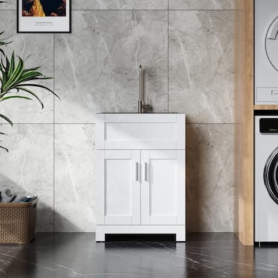 White Bathroom Vanity Cabinet Combo, 24 Inches, Ceramic Sink, Two-Door Storage, Easy Assembly