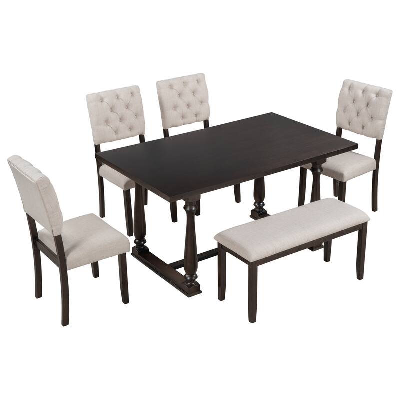 Espresso 6-Piece Wooden Dining Table Set with Rectangular Table, 4 Chairs & Bench