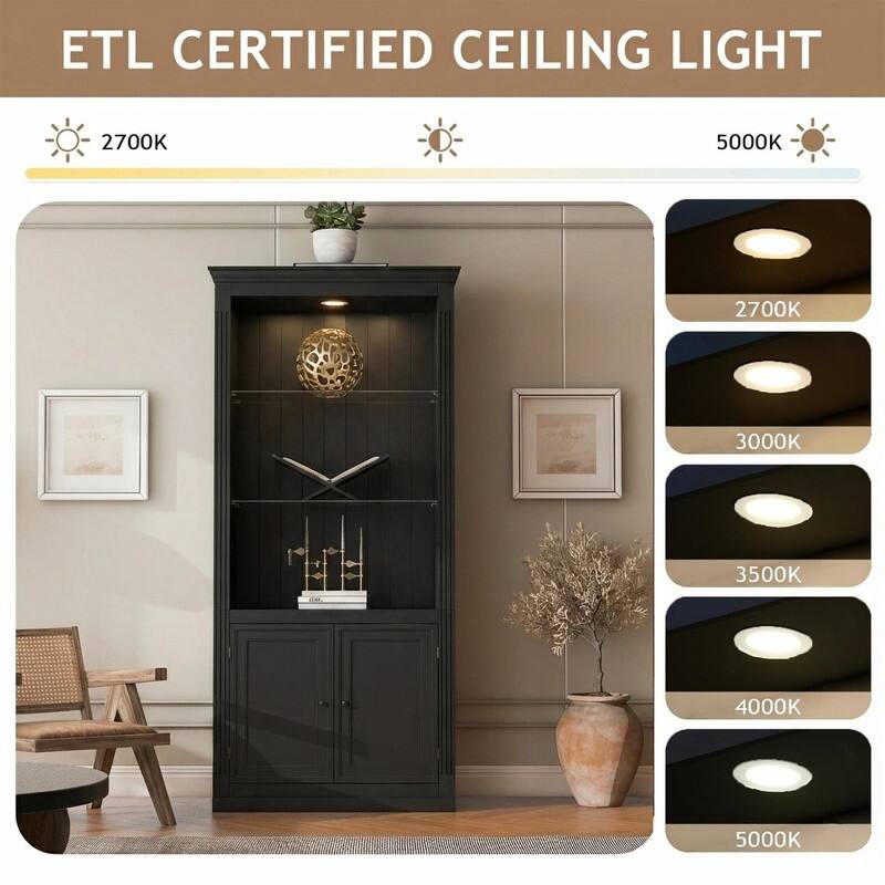 78.75" Farmhouse 4-Tier Display Bookcase with Dimmable LED Light, Glass Shelves & Storage Doors