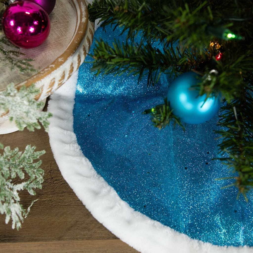 20" Blue Glittered Mini Christmas Tree Skirt with Fur Trim - 20