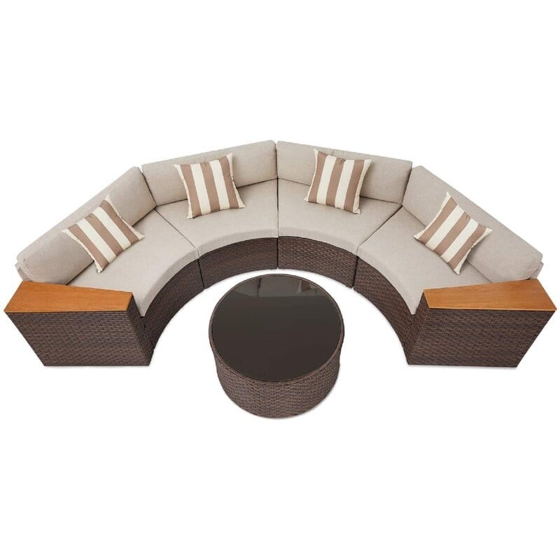 Nuon Outdoor Patio Furniture 5-piece Rattan Wicker Half-Moon Half Round Curved Sofa Sectional Set by Havenside Home