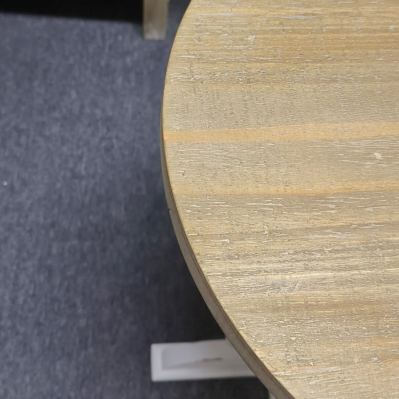 Wood Round Sofa Table with Natural Wood Tabletop and Distressed White Base