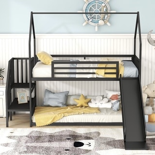 Twin over Twin Size Metal Bunk Bed House Bed with Convertible Slide and Storage Staircase